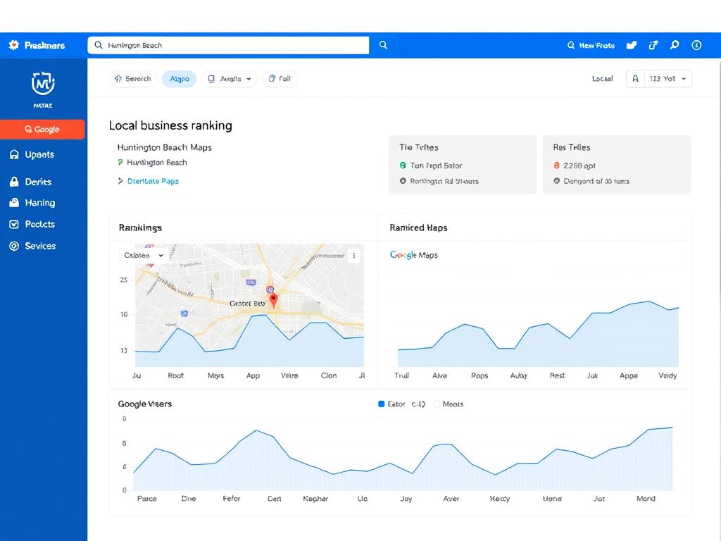 Local SEO optimization dashboard showing Huntington Beach business rankings on Google Maps