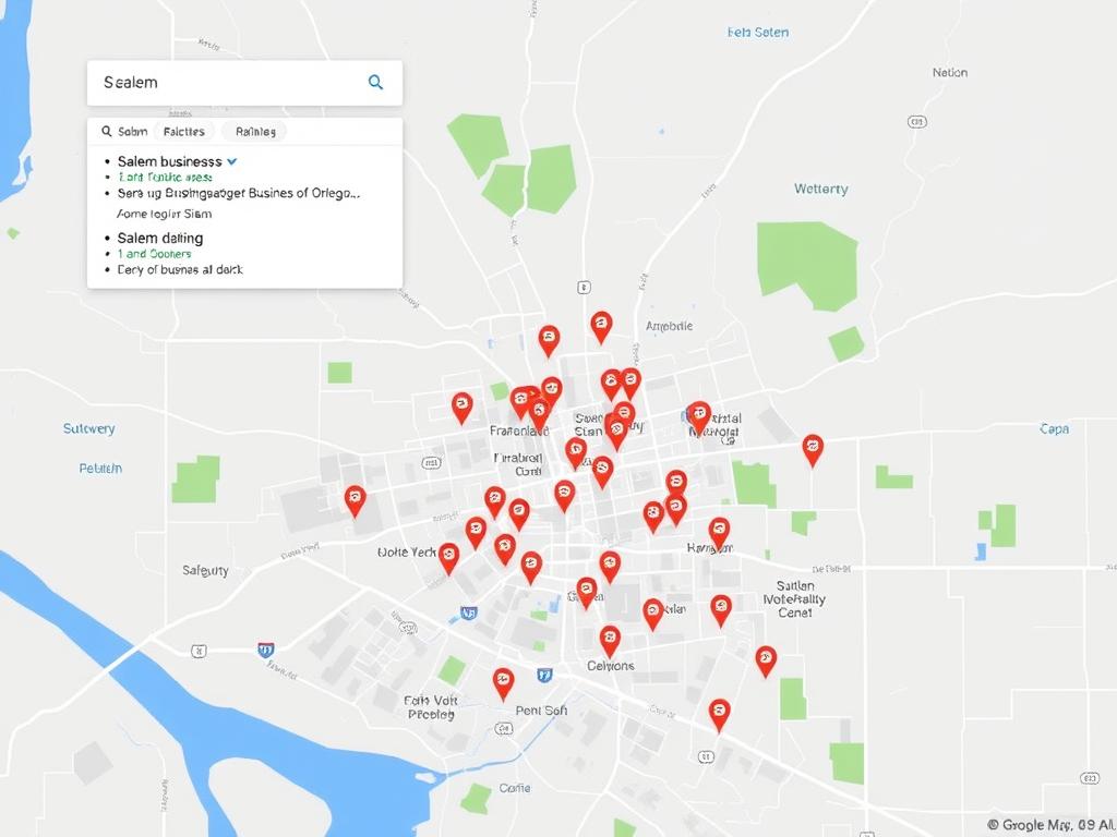 Map showing Salem, OR business district with search results overlay highlighting local SEO importance