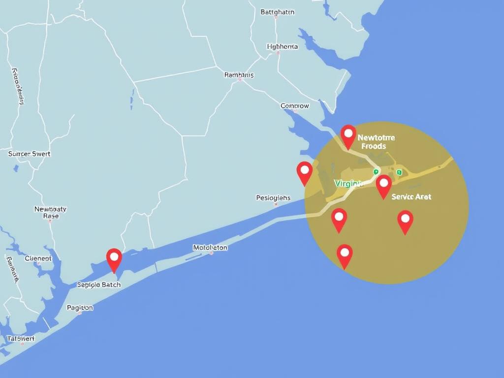 Map showing service area optimization from Virginia Beach to Newport News