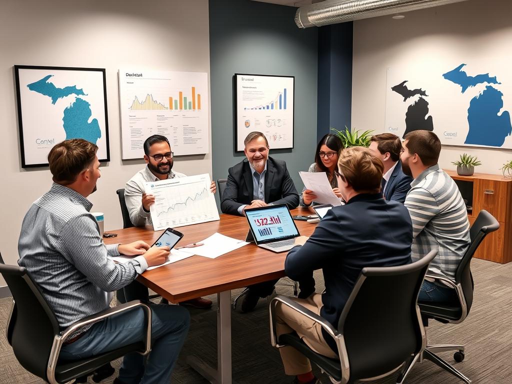 Revenue Boomers SEO Agency Grand Rapids MI team meeting with local business client