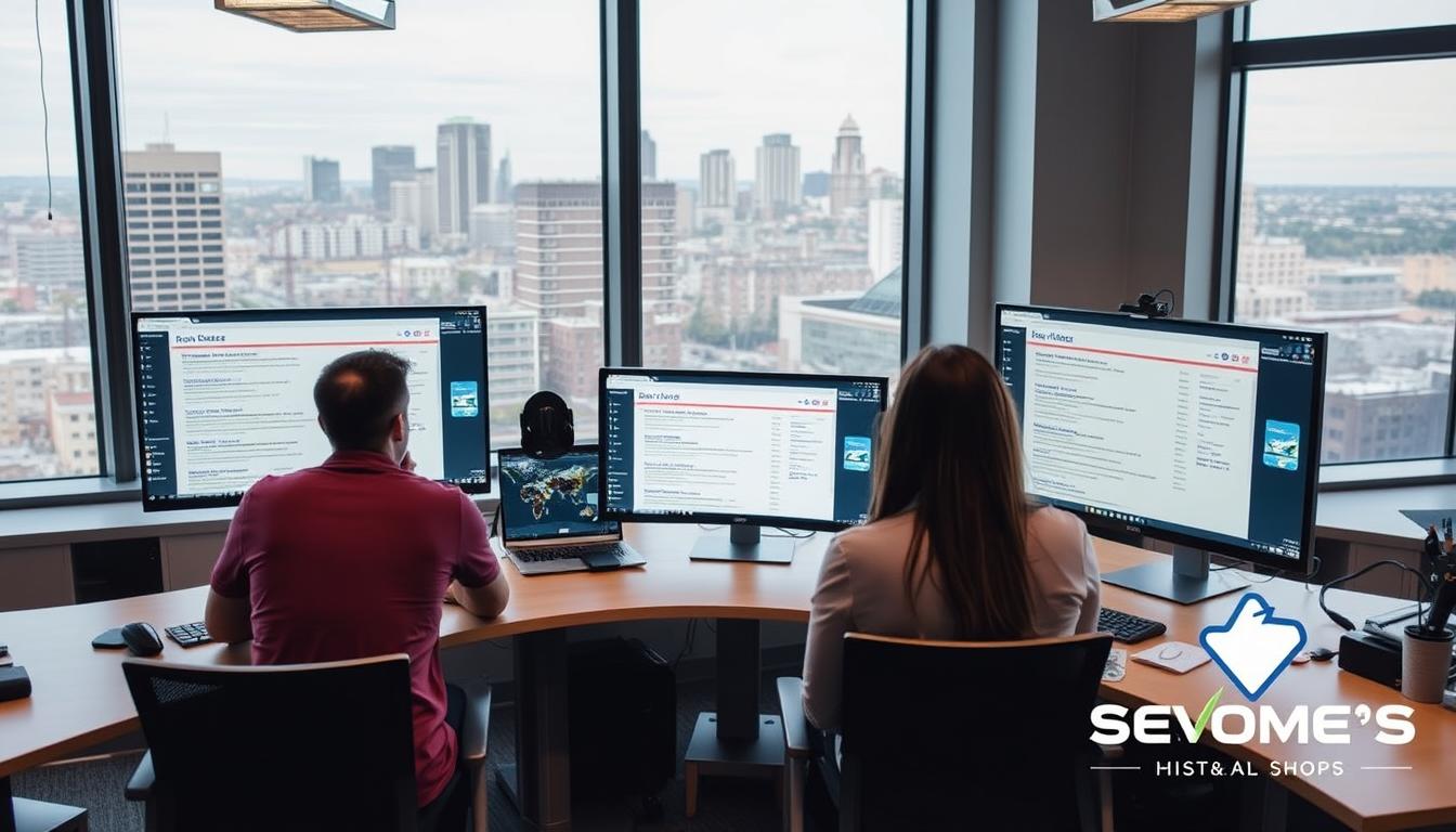 Revenue Boomers SEO Agency Worcester MA office with team members analyzing search results on multiple screens