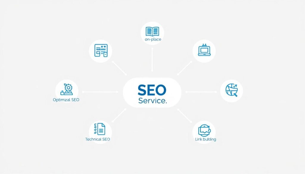 SEO Agency Birmingham AL services diagram showing keyword research, on-page optimization, and content marketing