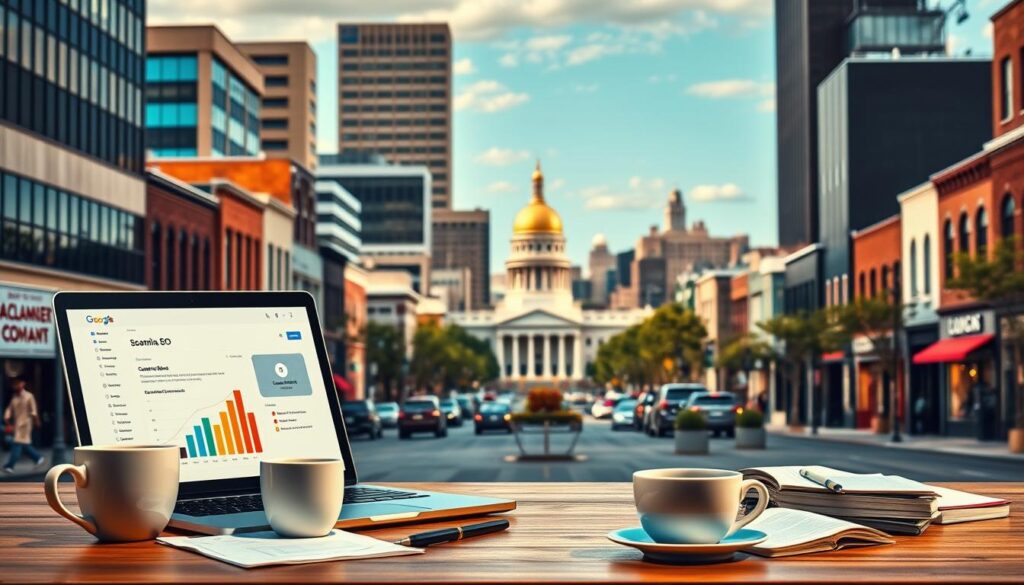 Vibrant cityscape of Columbia, SC with a focus on local SEO services. In the foreground, a sleek laptop displays a search engine optimization dashboard, surrounded by coffee cups, notepads, and strategic planning materials. The middle ground features a bustling main street, with local businesses showcasing their services and digital marketing efforts. In the background, the iconic state house and skyline of Columbia create a distinctive, professional atmosphere. Warm, natural lighting illuminates the scene, conveying a sense of productivity and growth. The overall composition emphasizes the importance of targeted, location-based SEO strategies for small and medium-sized enterprises in the Columbia metro area.