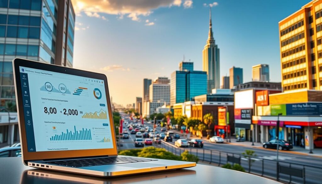 Vibrant cityscape of McAllen, TX showcasing the power of SEO services. In the foreground, a stylish laptop displays a search engine optimization dashboard, surrounded by icons and graphs illustrating key performance metrics. The middle ground features a bustling downtown scene, with modern office buildings and local businesses adorned with signage. In the background, the iconic McAllen skyline rises, bathed in warm, golden afternoon light. The scene conveys a sense of technological innovation, data-driven marketing, and the thriving local economy fueled by effective SEO strategies.