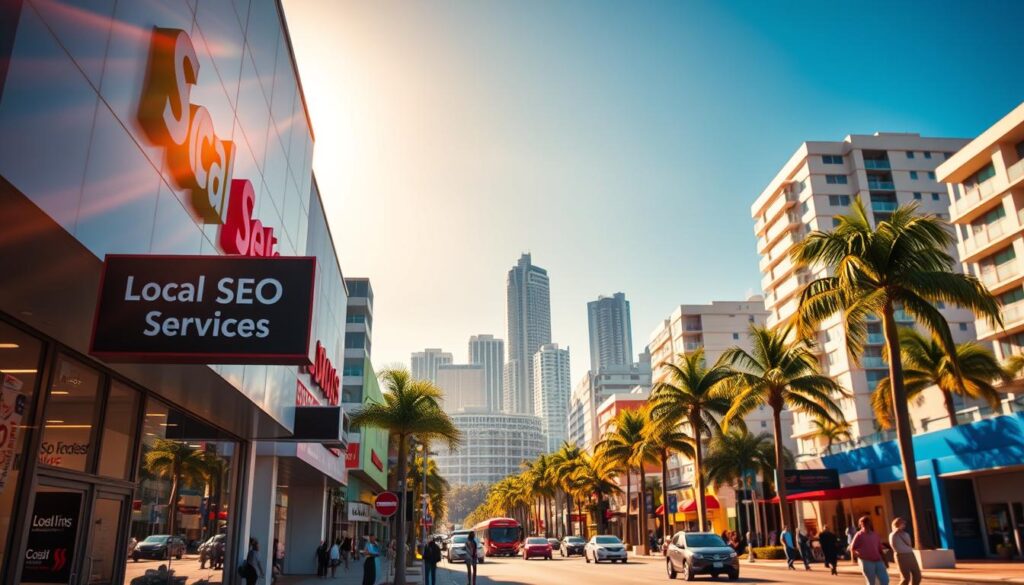 Vibrant cityscape of Miami Gardens, Florida. In the foreground, a local business storefront showcases a sleek, modern design with signage advertising "Local SEO Services." The middle ground features busy streets lined with palm trees and bustling pedestrians. In the background, the iconic skyline of Miami rises, bathed in warm, golden afternoon sunlight. Lens flare and a shallow depth of field create a cinematic, immersive atmosphere. The overall scene conveys the dynamic energy and potential for effective local SEO strategies in this thriving urban environment.