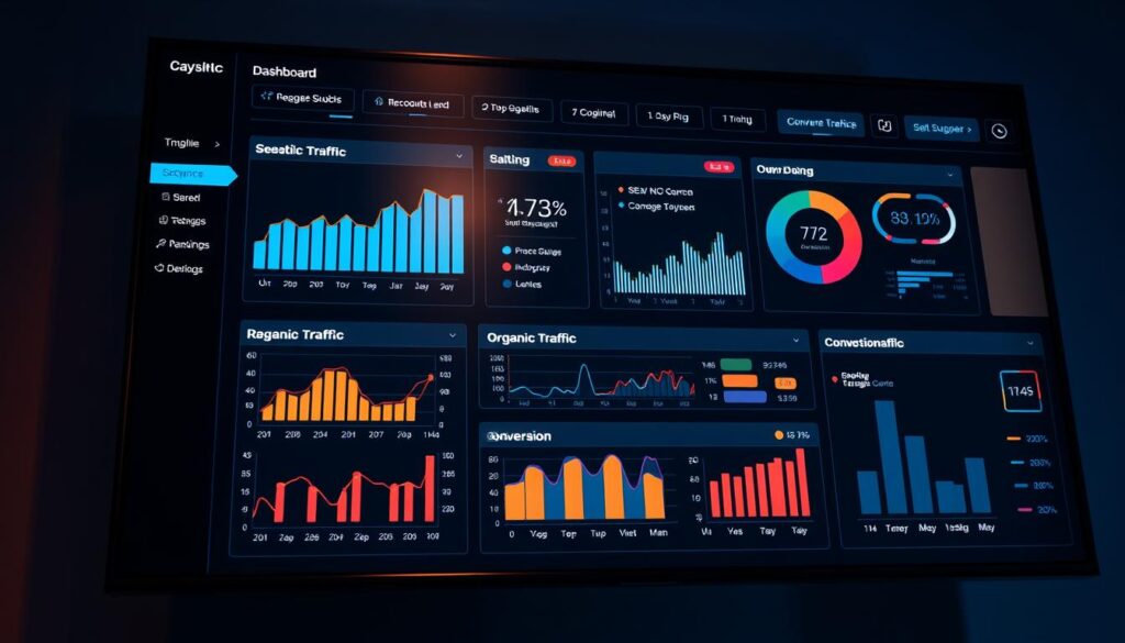 Vibrant digital dashboard showcasing key SEO performance indicators. Sleek, modern interface with crisp data visualizations on search engine rankings, organic traffic, conversion rates, and other critical metrics. Elegant typography and infographic elements create a clean, sophisticated aesthetic. Subtle lighting casts a warm, focused glow on the display, drawing the viewer's attention to the vital information. Captured from a slightly elevated, frontal angle to emphasize the comprehensive overview of SEO success factors. The mood is one of data-driven confidence and strategic optimization.