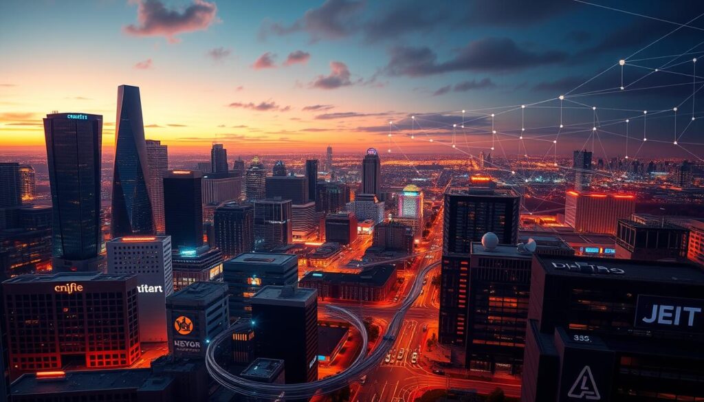 Vibrant digital landscape showcasing the bustling business environment of Dearborn, MI. In the foreground, a thriving cityscape with sleek skyscrapers, modern office buildings, and bustling streets. The middle ground features a dynamic array of digital infrastructure, including fiber-optic cables, satellite dishes, and glowing server racks. In the background, a vast, interconnected network of digital pathways and data hubs, symbolizing the seamless integration of technology and commerce. Warm, saturated colors create an atmosphere of innovation and progress, while cinematic lighting and a slightly elevated camera angle convey a sense of grandeur and ambition. The overall composition emphasizes the seamless fusion of the physical and digital realms, reflecting the transformative power of technology in driving business success.
