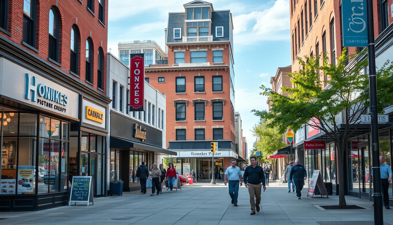 Yonkers business district showing local storefronts and pedestrians