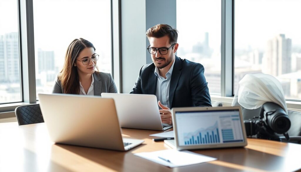 a close-up shot of three Lafayette SEO experts sitting around a table, discussing website optimization strategies and performance analytics on their laptops, with a city skyline visible through the window behind them, natural lighting illuminating the scene, creating a professional and focused atmosphere