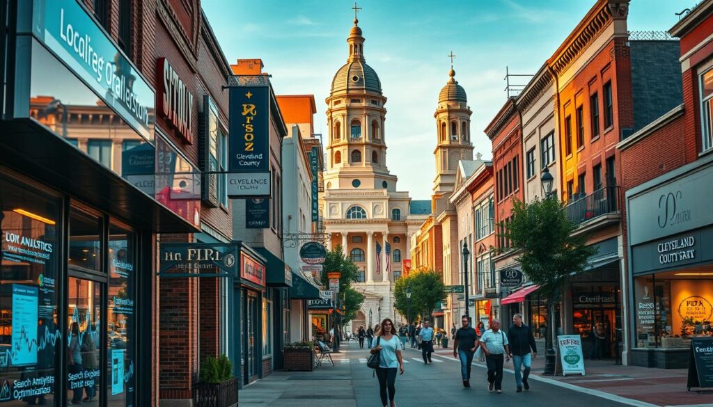 a highly detailed, cinematic landscape image of downtown Norman, Oklahoma, with a focus on several local businesses showcasing their SEO strategies. In the foreground, a vibrant storefront displays digital analytics, search engine optimization techniques, and social media integrations. In the middle ground, pedestrians on the bustling main street pass by additional local shops and restaurants, each with distinctive signage and digital marketing elements. The background features the iconic architecture of Norman, including the Cleveland County Courthouse and other historic buildings, all bathed in warm, golden-hour lighting. The overall scene conveys the thriving, tech-savvy nature of the Norman business community and the importance of effective SEO strategies for local enterprises.