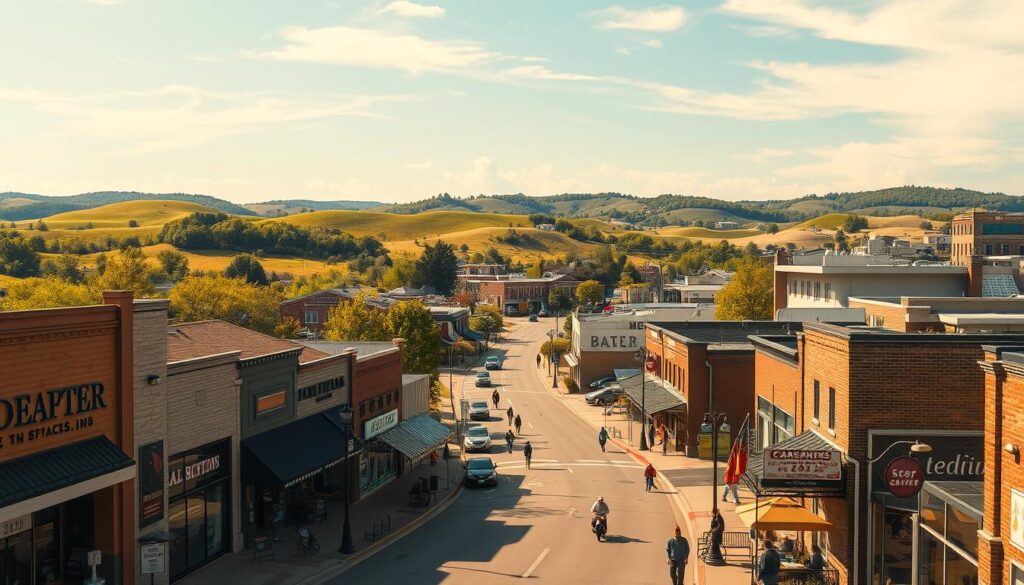a hyper-detailed, photorealistic digital landscape depicting the vibrant and dynamic environment of local businesses in Independence, Missouri. The foreground features a bustling town center with quaint storefronts, signage, and pedestrians going about their daily routines. The middle ground showcases the diverse array of local establishments, ranging from family-owned eateries to modern co-working spaces, all connected by a network of winding streets and sidewalks. In the background, rolling hills and a clear, azure sky create a sense of depth and balance, underscoring the harmonious integration of the digital and physical realms. Warm, diffused lighting casts a golden glow, conveying a welcoming and prosperous atmosphere. The scene is captured with a wide-angle lens, emphasizing the scope and interconnectedness of the local business community.