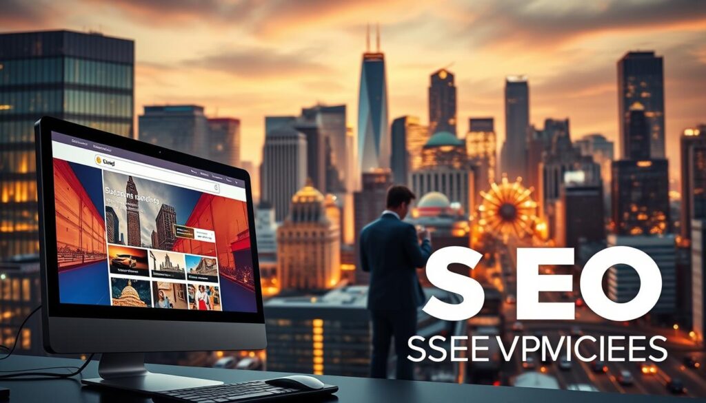 a hyper-realistic, cinematic landscape depicting essential SEO services in Elizabeth, NJ. In the foreground, a desktop computer showcases a visually engaging website optimized for search engines, with vibrant graphics and clear navigation. In the middle ground, a team of digital marketing experts collaborates, analyzing data and strategizing to boost online visibility. In the background, the iconic skyline of Elizabeth, NJ, with its towering buildings and bustling streets, serves as a backdrop, emphasizing the local context. The scene is illuminated by warm, directional lighting, creating a sense of professionalism and innovation. The overall mood is one of efficiency, expertise, and a commitment to driving success for local businesses through comprehensive SEO services.